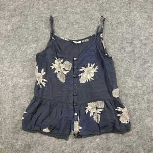 Roxy Camisole Top Womens Medium Blue Floral Button Up Peplum Crochet Trim Cami